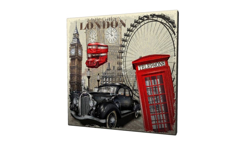 Canvastavla 45x45 cm - London-inspirerad stadsscen med en röd telefonkiosk och en klassisk bil - Röd / Svart / Beige - Inredning - Tavlor & posters - Canvastavla