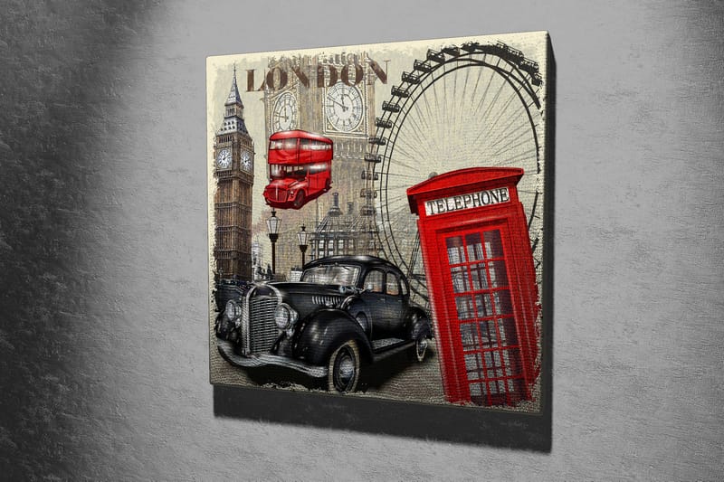 Canvastavla 45x45 cm - London-inspirerad stadsscen med en röd telefonkiosk och en klassisk bil - Röd / Svart / Beige - Inredning - Tavlor & posters - Canvastavla