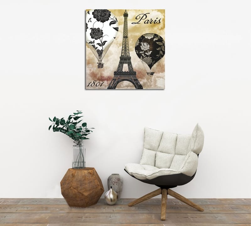 Canvastavla 45x45 cm - Luftballonger och Eiffeltornet i romantisk stil, Svart / Beige / Vitt