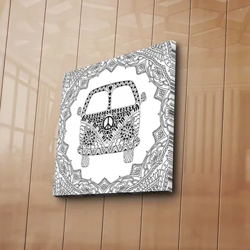 Canvastavla 45x45 cm - Mönstrad bil med fredssymbol omgiven av dekorativa former - Svart / Vitt - Inredning - Tavlor & posters - Canvastavla