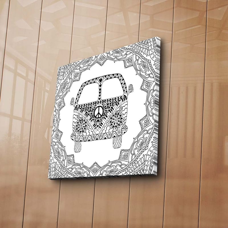 Canvastavla 45x45 cm - Mönstrad bil med fredssymbol omgiven av dekorativa former - Svart / Vitt - Inredning - Tavlor & posters - Canvastavla