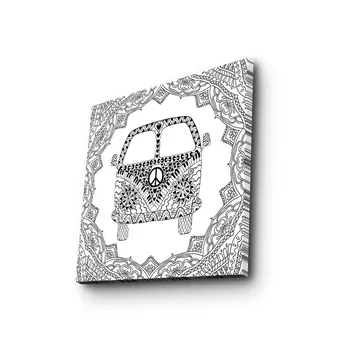 Canvastavla 45x45 cm - Mönstrad bil med fredssymbol omgiven av dekorativa former - Svart / Vitt - Inredning - Tavlor & posters - Canvastavla