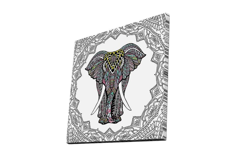Canvastavla 45x45 cm - Mönstrad elefant i centralt fokus, Svart / Gult / Turkos