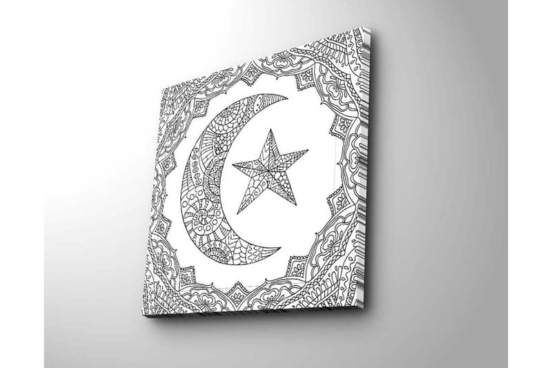 Canvastavla 45x45 cm - Mönstrad halvmåne och stjärna i en dekorativ ram - Svart / Vitt - Inredning - Tavlor & posters - Canvastavla
