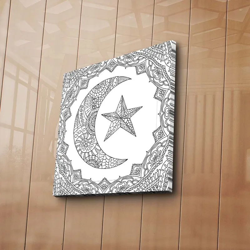 Canvastavla 45x45 cm - Mönstrad måne och stjärna i en dekorativ ram - Svart / Vitt - Inredning - Tavlor & posters - Canvastavla