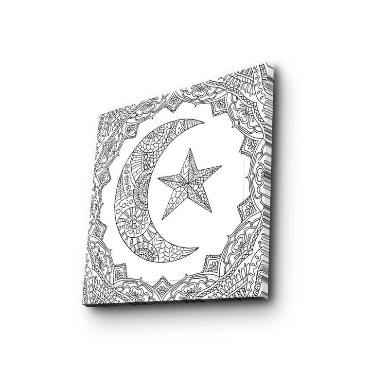 Canvastavla 45x45 cm - Mönstrad måne och stjärna i en dekorativ ram - Svart / Vitt - Inredning - Tavlor & posters - Canvastavla