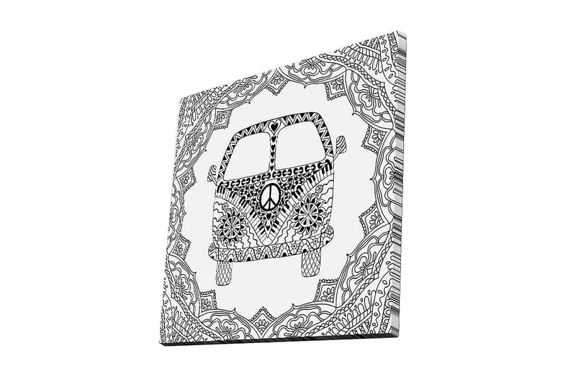 Canvastavla 45x45 cm - Mönstrad skåpbil med fredssymbol i en dekorativ ram, Svart / Vitt