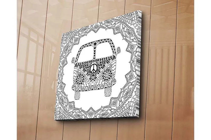 Canvastavla 45x45 cm - Mönstrad skåpbil med fredssymbol i en dekorativ ram - Svart / Vitt - Inredning - Tavlor & posters - Canvastavla