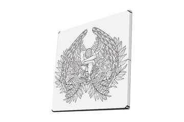 Canvastavla 45x45 cm - Mörk och detaljrik skulptur av en sittande figur omgiven av fjädrar och växtlighet - Svart / Vit - Inredning - Tavlor & posters - Canvastavla