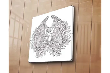 Canvastavla 45x45 cm - Mörk och detaljrik skulptur av en sittande figur omgiven av fjädrar och växtlighet - Svart / Vit - Inredning - Tavlor & posters - Canvastavla