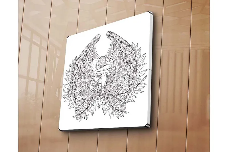 Canvastavla 45x45 cm - Mörk och detaljrik skulptur av en sittande figur omgiven av fjädrar och växtlighet - Svart / Vit - Inredning - Tavlor & posters - Canvastavla