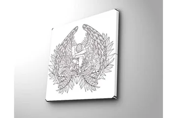 Canvastavla 45x45 cm - Mörk och detaljrik skulptur av en sittande figur omgiven av fjädrar och växtlighet - Svart / Vit - Inredning - Tavlor & posters - Canvastavla