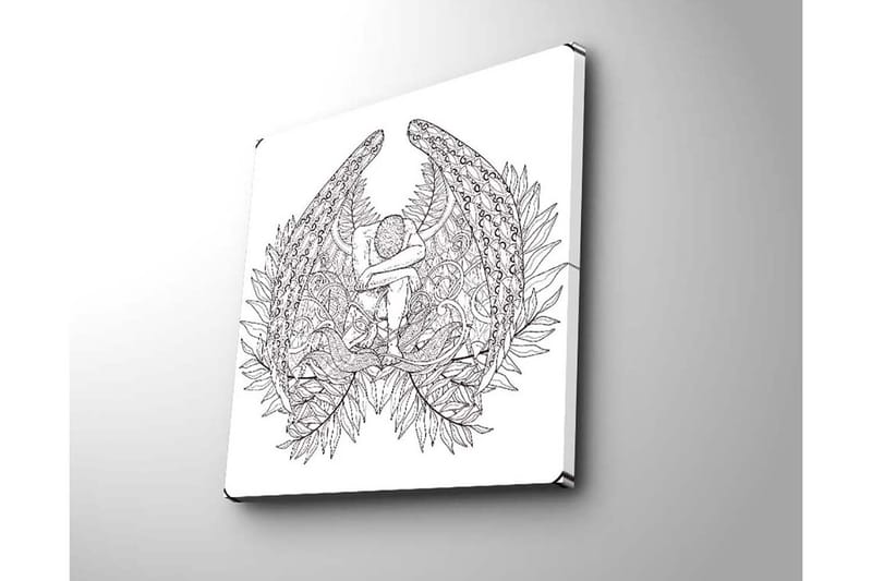 Canvastavla 45x45 cm - Mörk och detaljrik skulptur av en sittande figur omgiven av fjädrar och växtlighet - Svart / Vit - Inredning - Tavlor & posters - Canvastavla