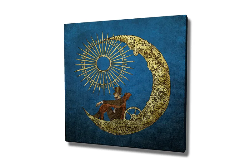 Canvastavla 45x45 cm - Man som sitter på en måne med solstrålar i bakgrunden - Blå / Guld - Inredning - Tavlor & posters - Canvastavla