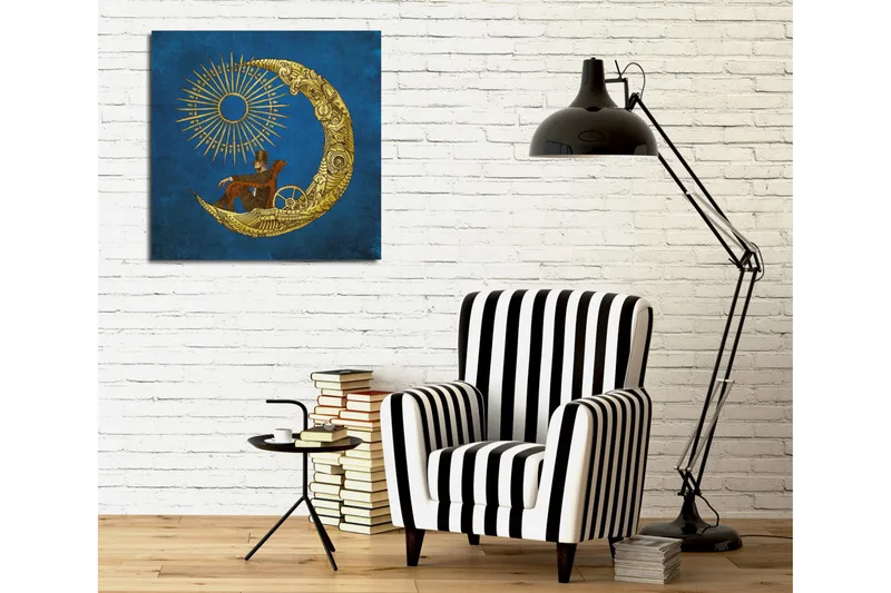 Canvastavla 45x45 cm - Man som sitter på en måne med solstrålar i bakgrunden - Blå / Guld - Inredning - Tavlor & posters - Canvastavla