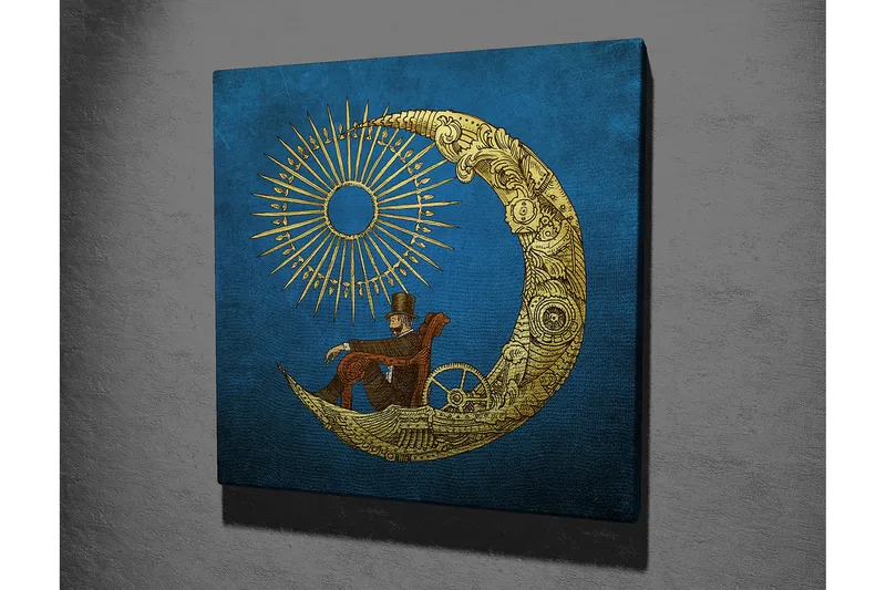 Canvastavla 45x45 cm - Man som sitter på en måne med solstrålar i bakgrunden - Blå / Guld - Inredning - Tavlor & posters - Canvastavla