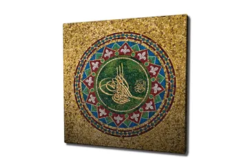 Canvastavla 45x45 cm - Mosaik med arabisk kalligrafi och geometriska mönster - Grön / Guld / Röd - Inredning - Tavlor & posters - Canvastavla