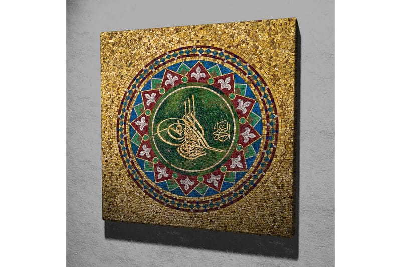Canvastavla 45x45 cm - Mosaik med arabisk kalligrafi och geometriska mönster - Grön / Guld / Röd - Inredning - Tavlor & posters - Canvastavla