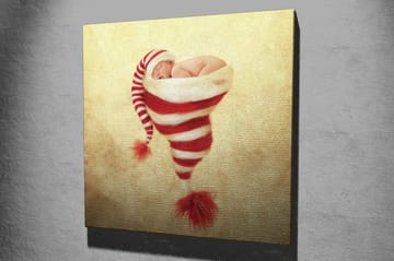 Canvastavla 45x45 cm - Nyfödd baby i en julig mössa med röd-vita ränder - Röd / Vit / Beige - Inredning - Tavlor & posters - Canvastavla