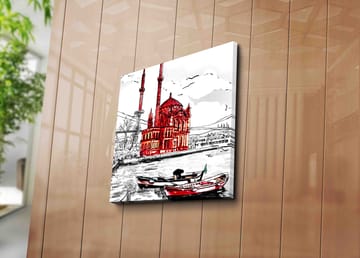 Canvastavla 45x45 cm - Röd moské vid vattnet med båtar i förgrunden - Röd / Svart / Vit - Inredning - Tavlor & posters - Canvastavla