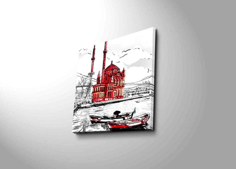 Canvastavla 45x45 cm - Röd moské vid vattnet med båtar i förgrunden - Röd / Svart / Vit - Inredning - Tavlor & posters - Canvastavla