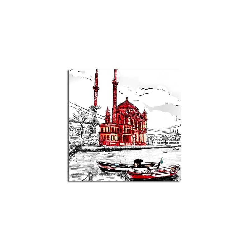 Canvastavla 45x45 cm - Röd moské vid vattnet med båtar i förgrunden, Röd / Svart / Vit