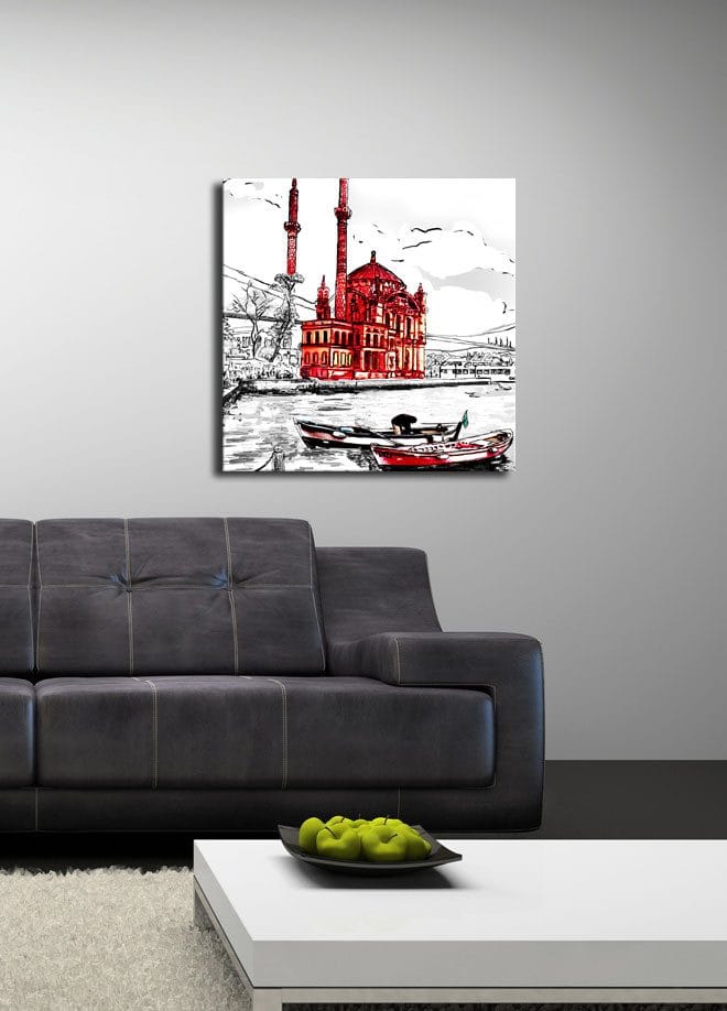 Canvastavla 45x45 cm - Röd moské vid vattnet med båtar i förgrunden - Röd / Svart / Vit - Inredning - Tavlor & posters - Canvastavla