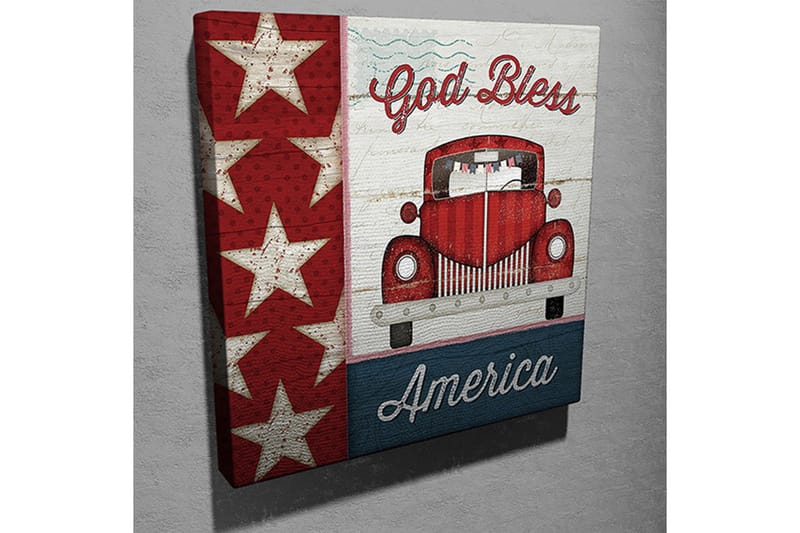 Canvastavla 45x45 cm - Röd vintagebil med amerikanska stjärnor och texten God Bless America - Röd / Vit / Blå - Inredning - Tavlor & posters - Canvastavla