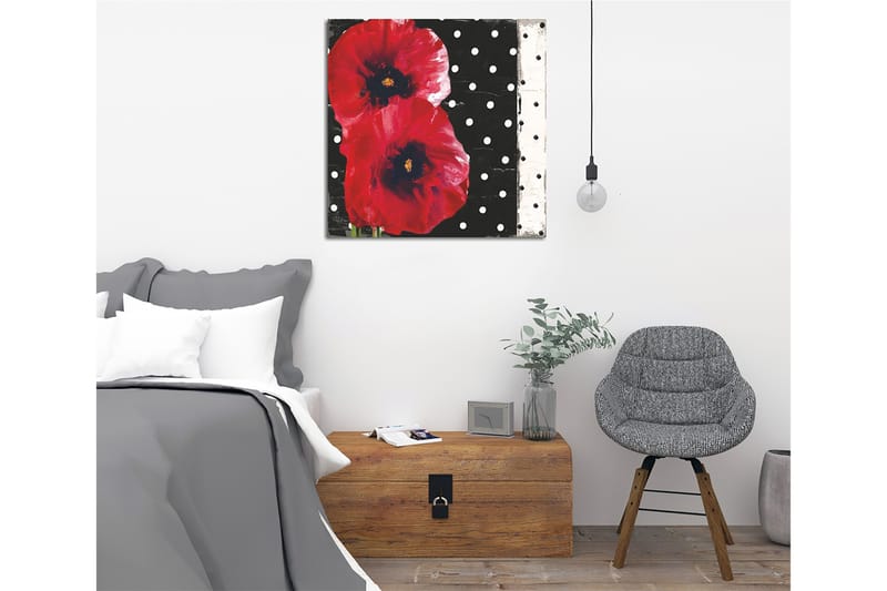Canvastavla 45x45 cm - Röda blommor mot en svart bakgrund med vita prickar - Röd / Svart / Vit - Inredning - Tavlor & posters - Canvastavla