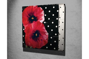 Canvastavla 45x45 cm - Röda blommor mot en svart bakgrund med vita prickar - Röd / Svart / Vit - Inredning - Tavlor & posters - Canvastavla