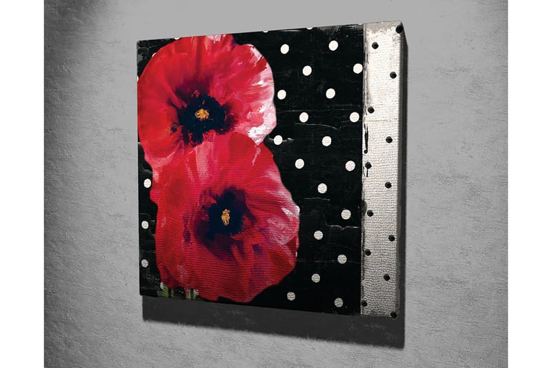 Canvastavla 45x45 cm - Röda blommor mot en svart bakgrund med vita prickar - Röd / Svart / Vit - Inredning - Tavlor & posters - Canvastavla
