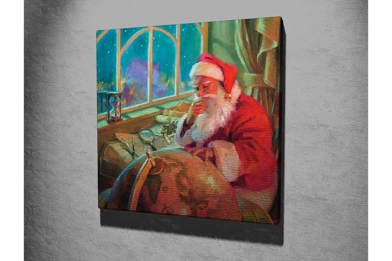 Canvastavla 45x45 cm - Reflekterande jultomte vid ett skrivbord med en glob och papper - Röd / Grön / Beige - Inredning - Tavlor & posters - Canvastavla