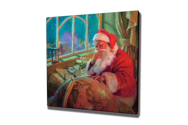 Canvastavla 45x45 cm - Reflekterande jultomte vid ett skrivbord med en glob och papper - Röd / Grön / Beige - Inredning - Tavlor & posters - Canvastavla
