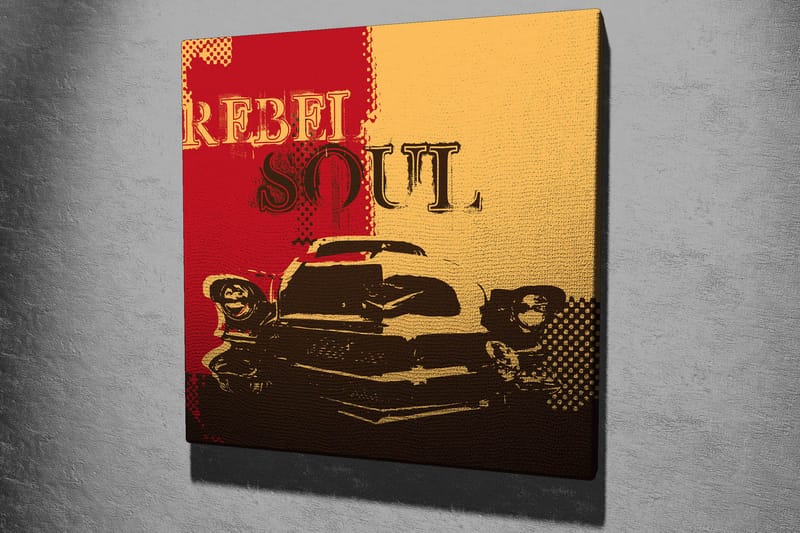 Canvastavla 45x45 cm - Retro bil med texten REBEL SOUL i en färgglad komposition - Röd / Gul / Svart - Inredning - Tavlor & posters - Canvastavla