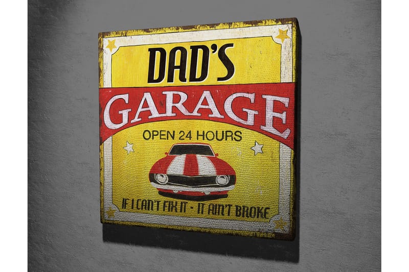 Canvastavla 45x45 cm - Retro skylt med en röd och vit randig bil - Röd / Gul / Vit - Inredning - Tavlor & posters - Canvastavla