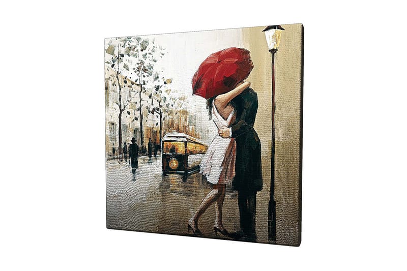 Canvastavla 45x45 cm - Romantisk kyss under ett rött paraply - Röd / Beige / Svart - Inredning - Tavlor & posters - Canvastavla