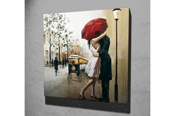 Canvastavla 45x45 cm - Romantisk kyss under ett rött paraply - Röd / Beige / Svart - Inredning - Tavlor & posters - Canvastavla