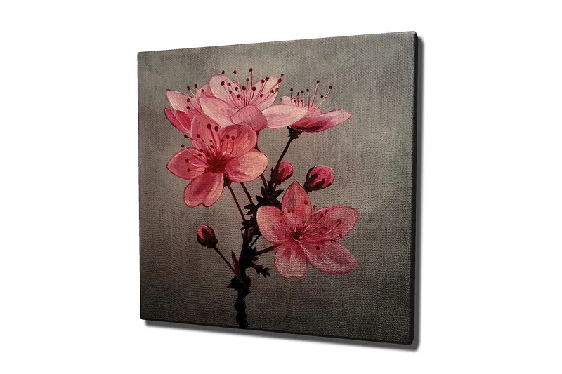 Canvastavla 45x45 cm - Rosa blommor med knoppar på en grå bakgrund, Rosa / Grå