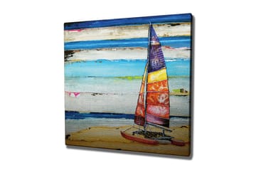 Canvastavla 45x45 cm - Segelbåt vid stranden med färgglada segel - Blå / Orange / Röd - Inredning - Tavlor & posters - Canvastavla