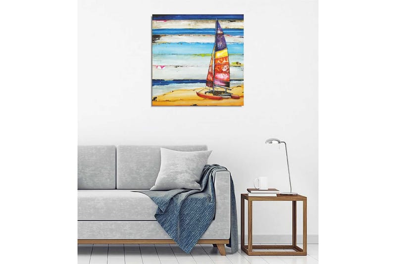 Canvastavla 45x45 cm - Segelbåt vid stranden med färgglada segel - Blå / Orange / Röd - Inredning - Tavlor & posters - Canvastavla