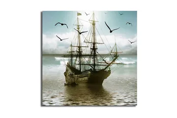 Canvastavla 45x45 cm - Segelbåt på spegelblanka vattenytor omgiven av fåglar - Blå / Brun / Grön - Inredning - Tavlor & posters - Canvastavla