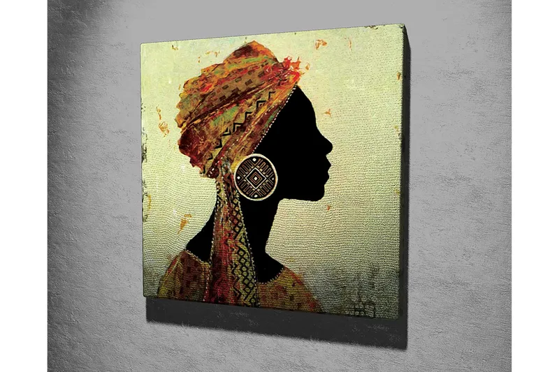 Canvastavla 45x45 cm - Silhuett av en kvinna med traditionell huvudbonad och stora örhängen - Svart / Guld / Orange - Inredning - Tavlor & posters - Canvastavla