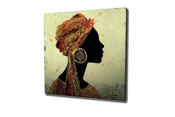 Canvastavla 45x45 cm - Silhuett av en kvinna med traditionell huvudbonad och stora örhängen - Svart / Guld / Orange - Inredning - Tavlor & posters - Canvastavla