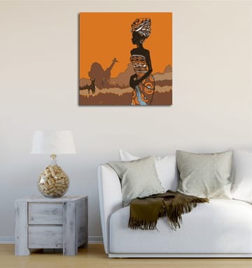 Canvastavla 45x45 cm - Silhuett av en kvinna med traditionella kläder mot en orange bakgrund - Orange / Svart / Brun - Inredning - Tavlor & posters - Canvastavla
