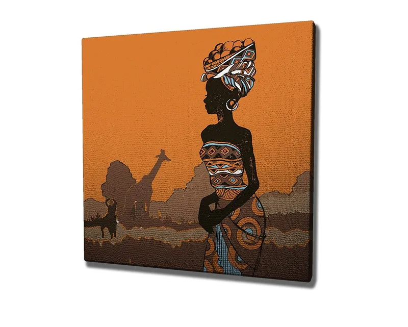 Canvastavla 45x45 cm - Silhuett av en kvinna med traditionella kläder mot en orange bakgrund - Orange / Svart / Brun - Inredning - Tavlor & posters - Canvastavla