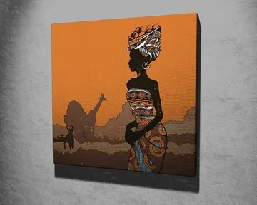 Canvastavla 45x45 cm - Silhuett av en kvinna med traditionella kläder mot en orange bakgrund - Orange / Svart / Brun - Inredning - Tavlor & posters - Canvastavla
