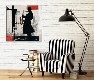 Canvastavla 45x45 cm - Silhuett av en saxofonist i en urban miljö - Svart / Röd / Beige - Inredning - Tavlor & posters - Canvastavla