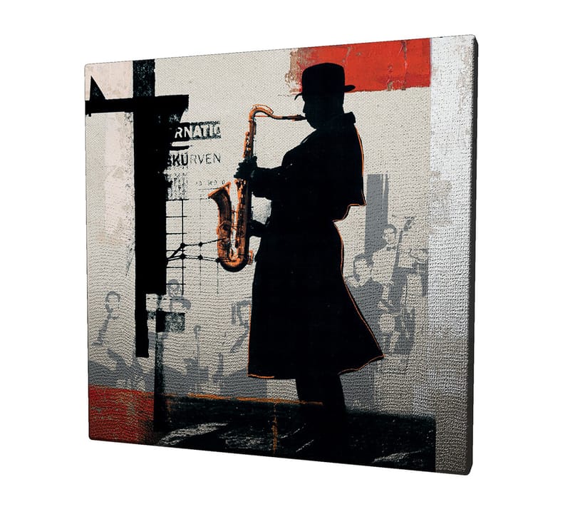 Canvastavla 45x45 cm - Silhuett av en saxofonist i en urban miljö - Svart / Röd / Beige - Inredning - Tavlor & posters - Canvastavla