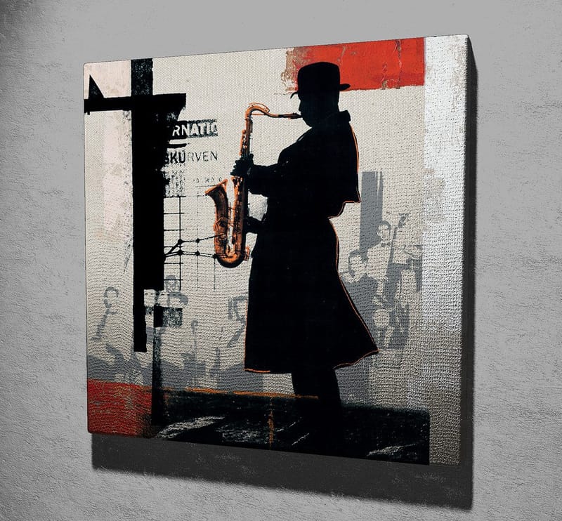 Canvastavla 45x45 cm - Silhuett av en saxofonist i en urban miljö - Svart / Röd / Beige - Inredning - Tavlor & posters - Canvastavla