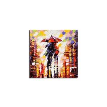 Canvastavla 45x45 cm - Silhuett av en person med paraply i en färgglad stadsmiljö - Röd / Orange / Svart - Inredning - Tavlor & posters - Canvastavla